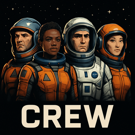 Uzay temalı Spaceship Crew, gerçekçi, Altında "crew" yazsın.
In-Game asset.  High contrast.  No shadows