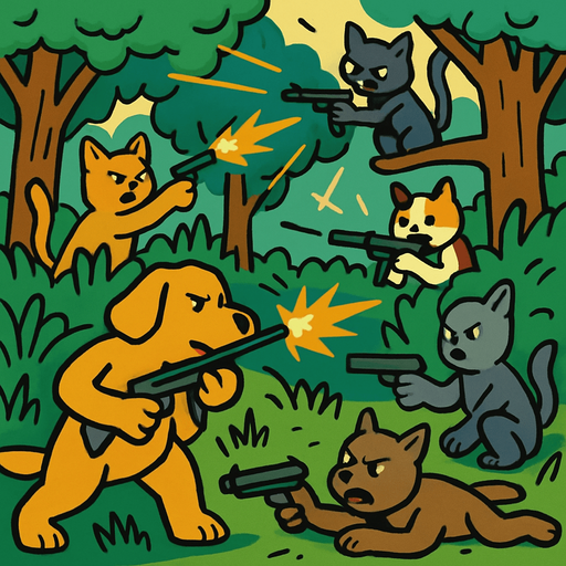 silahlı çaatışma içinde olan kediler ve köperklerle dolu bir orman.
In-Game asset.  2d.  High contrast.  No shadows