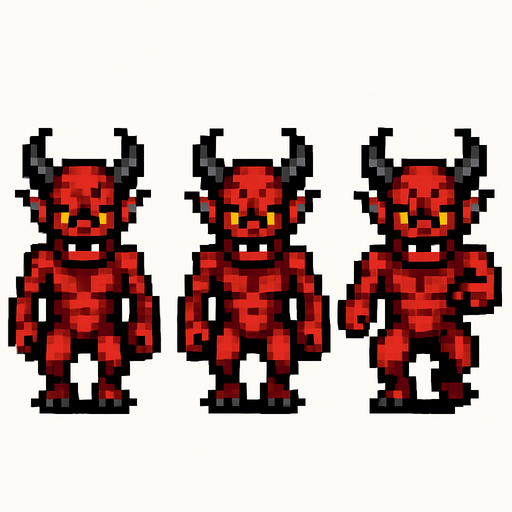 A sprite sheet for a demonic imp.Two walking sprites alternating feet and one attack sprite. Straight forward frontal view. Imp is facing the camera. White background. Retro pixel art..
In-Game asset.  2d.  High contrast.  No shadows