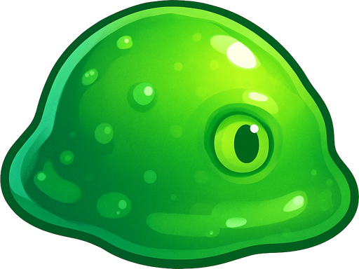 A single, isolated, highly detailed top-down isometric game asset of a Basic Slime. It is a slightly translucent, vibrant green, blue, or purple gelatinous blob, perfectly suited for a static sprite. Its surface should appear wet and glistening, with subtle internal bubbles or a single, simple, unblinking eye embedded within (static, not animated). The slime's most prominent side or an implied 'front' should be clearly oriented towards the right side of the image, indicating its forward movement. Style: Stylized, cartoony fantasy, slightly squishy texture, suitable for a Tower Defense game. Transparent background.
In-Game asset.  2d.  High contrast.  No shadows