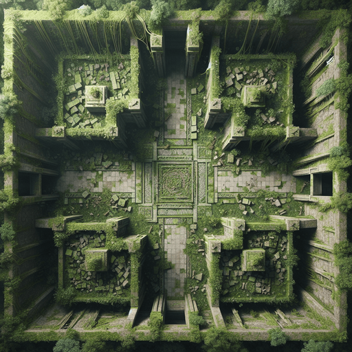 A top-down view of jungle ruins with moss-covered stone walls and floors. The floor is scattered with vines and broken pillars. Each wall has an entrance centered in the middle, resembling natural archways positioned on the top, bottom, left, and right. Sunlight filters through, illuminating the room softly..
Full-frame, top-down view of jungle ruins. Moss-covered stone walls and floors, vines, broken pillars. Open natural archways centered on each wall: top, bottom, left, and right. Soft sunlight, no perspective distortion.
