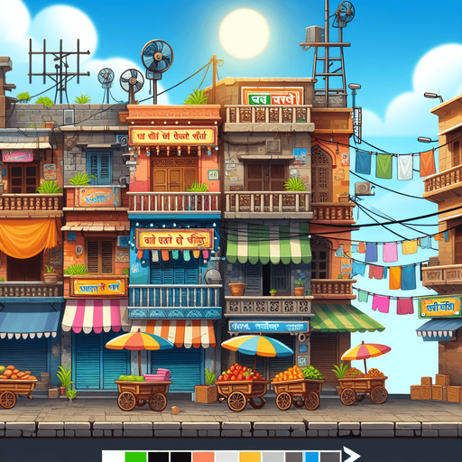 Create 2D cartoon-style Indian street buildings for a side-scrolling background. Include colorful shops with Hindi signboards, tea stalls, fruit carts, clotheslines with hanging clothes, and balconies with flower pots. Add hanging wires, fans, and posters on the walls for detail. Style should be vibrant, humorous, and full of character, matching a fun endless runner game..fore ground sky with sun
Single Game Texture.  In-Game asset.  2d.  Blank background.  High contrast.  No shadows