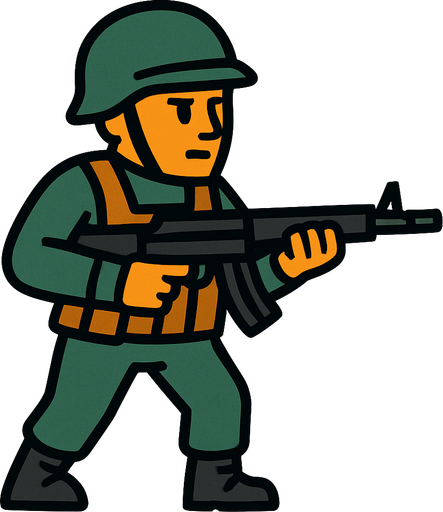 elinde silah olan 2 boyutlu asker.
In-Game asset.  2d.  High contrast.  No shadows