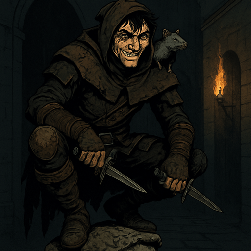 "A cunning rogue cloaked in patchwork leathers and city grime, perched on a broken statue. Male, 26 years old, wiry and agile, with messy black hair, sly green eyes, a scar over his nose, and olive-toned skin. A rat sits on his shoulder. Dual daggers at his side, a grin revealing a gold tooth. The background is a shadowy alley lit by torchlight. Realistic, highly detailed, dark urban medieval style. realistic.
In-Game asset.  2d.  High contrast.  No shadows