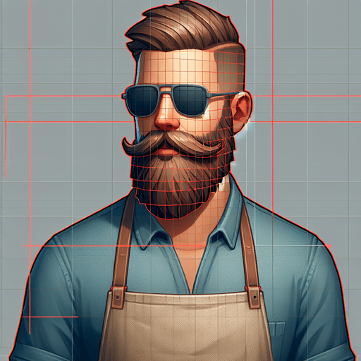 sakallı ve az bıyıklı  güneş gözlüklü 26 lı yaşlarda bir beyefendi ayak üstünde dursun üzerinde önlük olsun.
Single Game Texture.  In-Game asset.  2d.  Blank background.  High contrast.  No shadows