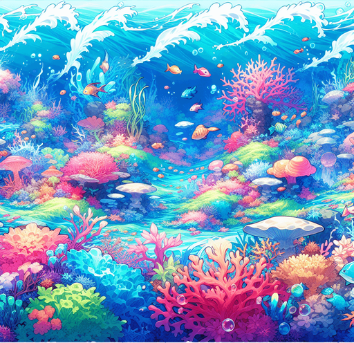 underwater, ocean, anime landscape
Single Game Texture. In-Game asset. 2d. Blank background. High contrast. No shadows.