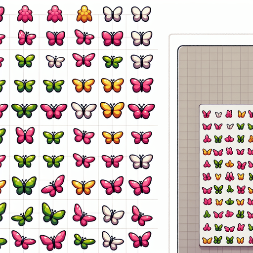 A sprite sheet of different colored butterflies. Include pink, green and yellow..
Single Game Texture. In-Game asset. 2d. Blank background. High contrast. No shadows.