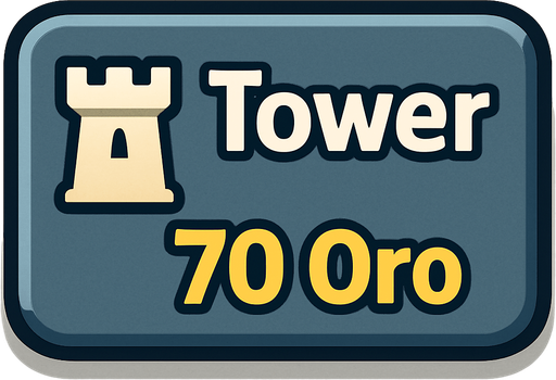 Crea un botón interactivo UI estilo 2D renderizado, limpio y cartoonish. Debe tener contornos definidos, colores vibrantes y sombreado que dé volumen. Será un rectángulo con esquinas ligeramente redondeadas. El fondo del botón será sólido y neutro (ej. gris claro, azul pizarra, metal pulido o piedra sutil). Debe contrastar con el "tablón" de madera pero integrarse bien al estilo general de la UI.

El botón debe contener:

Texto Principal: La palabra "Tower" (Torre) claramente visible en la parte superior central.

Icono Secundario (Opcional): Una silueta o dibujo estilizado y simple de una torre genérica, ubicada a la izquierda del texto "Tower" (o a la derecha, si el diseño lo favorece).

Precio: El texto "70 Oro" (o símbolo de oro y "70") claramente visible en la parte inferior central (o en una esquina inferior). Este precio debe ser una parte integral del diseño del botón (mismo asset).

Los colores de texto/icono deben contrastar claramente con el fondo (ej. blanco, dorado). El bo.
In-Game asset.  2d.  High contrast.  No shadows