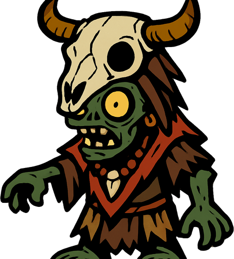 A shaman zombie,head wearing a cow skull.
In-Game asset.  2d.  High contrast.  No shadows