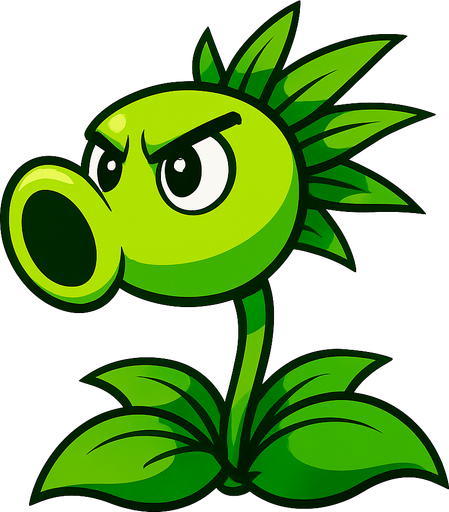 Una planta de color verde brillante, con un cuerpo principal esférico que se estrecha hacia adelante para formar una boca grande y redonda. De la parte posterior de su cabeza, brotan varias hojas puntiagudas. Tiene dos ojos grandes y redondos, con pupilas negras, y su expresión es decidida. Su tallo es delgado y verde, anclado en un grupo de hojas más grandes en la base..
In-Game asset.  High contrast.  No shadows