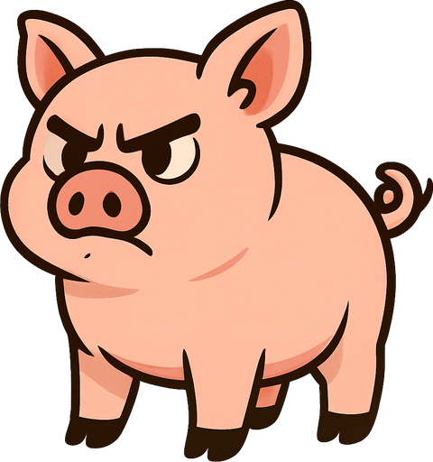 un puerco de cuerpo completo sin fondo y que se vea tierno pero con expersion de la cara enojado
In-Game asset.  2d.  High contrast.  No shadows