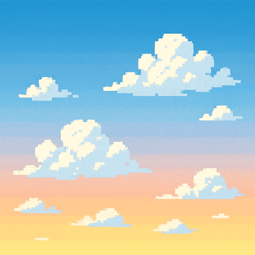 Morning sky background, fluffy white clouds, soft blue gradient, sunrise colors, peaceful atmosphere, 2D pixel art.
In-Game asset.  2d.  High contrast.  No shadows