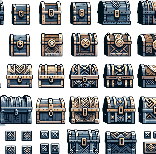 A spritesheet of various norse medieval or viking age looking treasure chest. Side view as for use in a platformer or endless runner game..
Single Game Texture. In-Game asset. 2d. Blank background. High contrast. No shadows.