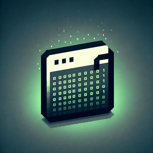 A minimalist UI website icon for a retro hacking app, representing a text-based file. The icon is a simple rectangular shape with a slightly folded corner at the top-right, rendered in a clean, pixel-art style. A few green binary digits ('0' and '1') are subtly displayed across the surface in a small, stylized font, blending seamlessly with the retro theme.

The design is stripped down to essential elements, using a monochromatic palette with a soft green glow to evoke the feel of a classic hacking interface. The overall look is clean, minimalist, and perfectly aligned with a retro tech aesthetic..
Single Game Texture. In-Game asset. 2d. Blank background. High contrast. No shadows.