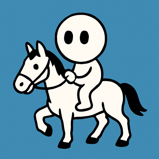 White simple circular enemy seen from above, black outline. Black eyes, on a white horse. Black and white only. Blue background.