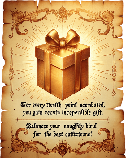 a pergament with a golden present at top, at the bottom there is the text: "Each tenth point you have the change to get a super Present, make sure naughty points are equal to kind points"