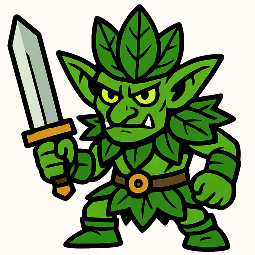 yeşil yapraklı dövüşçü goblin.
In-Game asset.  2d.  High contrast.  No shadows