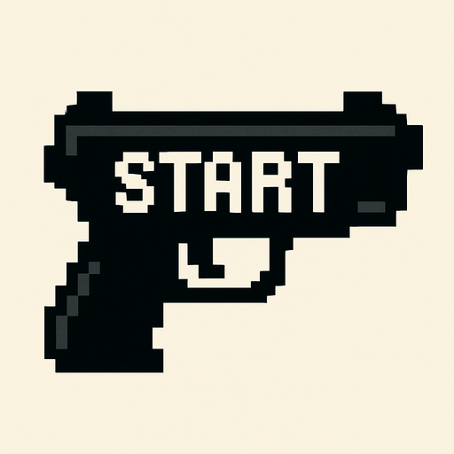 una pistola negra hecha con pixeles que diga start en medio
In-Game asset.  2d.  High contrast.  No shadows