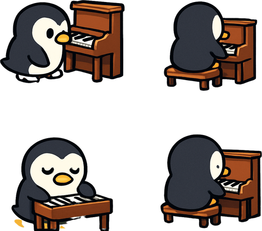 4-panel comic strip, no text, cute cartoon style, bright colors, black outlines.
Characters: Penguin Hero (small, determined) + Penguin Princess (elegant, crown) + Village Penguins
Central Theme: Music connects hearts, piano mastery wins love. Story: Hero commits to learning piano seriously

Panel 1: Hero finds small piano and sets up practice space
Panel 2: Hero practicing at sunrise, warm golden morning light
Panel 3: Musical notes gradually improve from wobbly to steady
Panel 4: Hero still practicing under moonlight, showing dedication through full day
In-Game asset.  2d.  High contrast.  No shadows