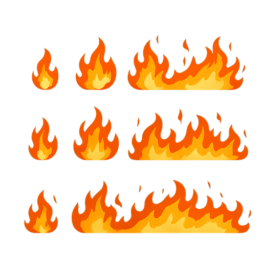 sprite sheet containing 2D fire spread horizontally.
In-Game asset.  2d.  High contrast.  No shadows