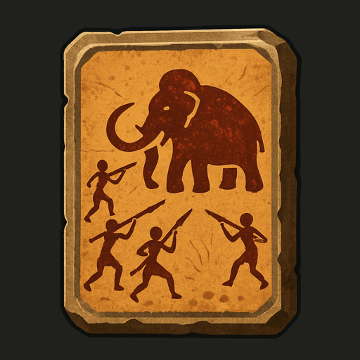 Card packet made out of stone with a Tribal drawing of people Hunting a wolly Mammoth.
In-Game asset.  2d.  High contrast.  No shadows