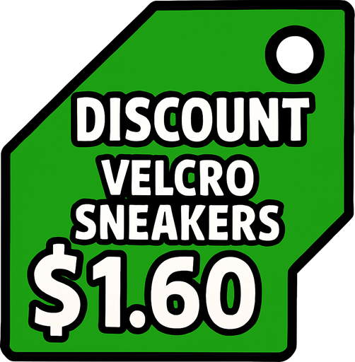 Green pricetag that says discount Velcro sneakers $1.60.
In-Game asset.  2d.  High contrast.  No shadows