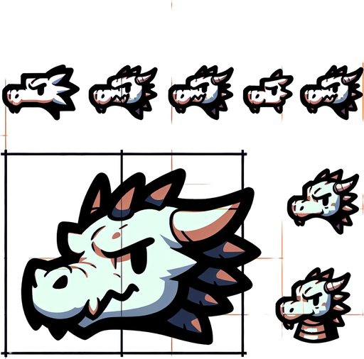 A sprite sheet for a dragons head. Head straight forward with mouth open and one with mouth closed. Cartoon..
Single Game Texture.  In-Game asset.  2d.  Blank background.  High contrast.  No shadows