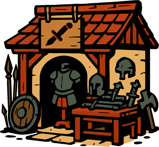 Eski çağ savaş malzemesi dükkanı.
In-Game asset.  2d.  High contrast.  No shadows