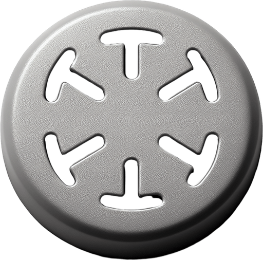 top view of a simple concave gray plalstic button with 4 large black directional arrows printed on it..