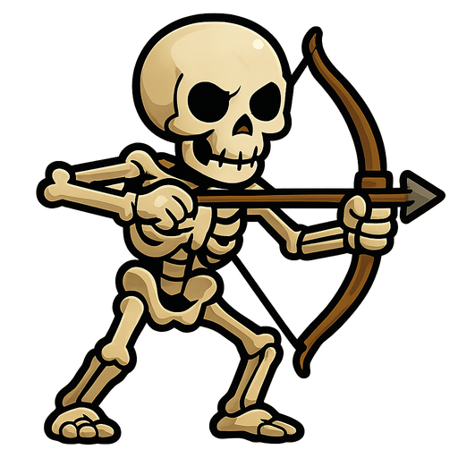 A skeleton with a bow.
In-Game asset.  2d.  High contrast.  No shadows