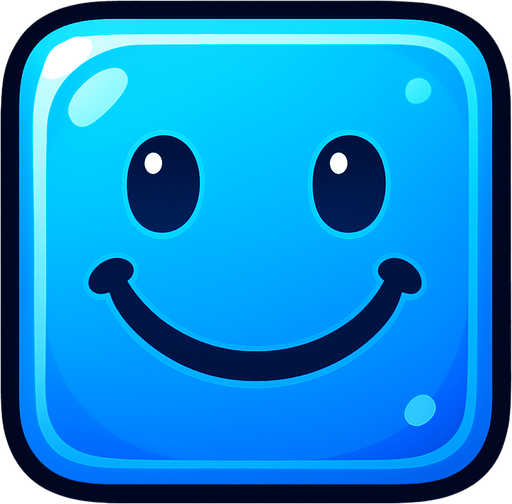 Can you draw a smiling face with rounded edges, square blue and shiny effect?.
In-Game asset.  2d.  High contrast.  No shadows