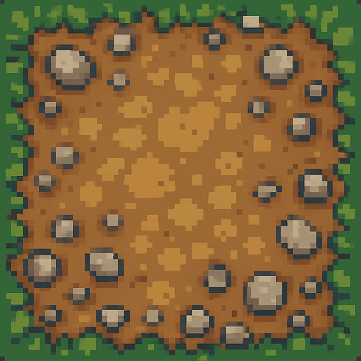 Top-down view of a single cartoon-style dirt and gravel path tile, seen from above, 2D game style, seamless and repeatable texture, hand-drawn or pixel-art style, natural colors, a mix of packed earth and scattered small stones, 32x32 sprite..
In-Game asset.  2d.  High contrast.  No shadows