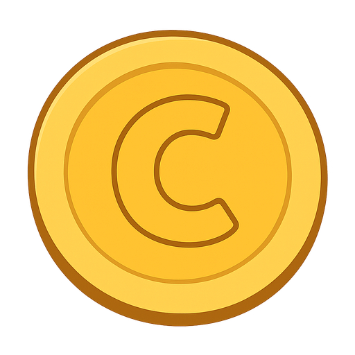 içinde c yazan sarı renkli bir madeni para. No background. Transparent background. Blank background. No shadows. 2d. In-Game asset. flat