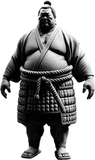 a samurai sumo big in size.
Single Game Texture. In-Game asset. 2d. Blank background. High contrast. No shadows.