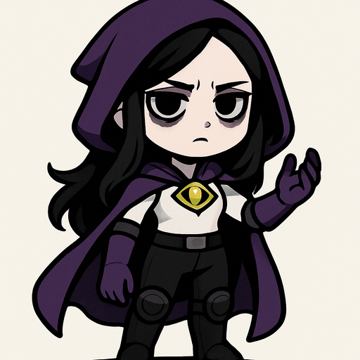 Una maga en estilo chibi/cuerpo completo. Es una joven de unos 20 años, de cabello negro largo y suelto, con piel blanca pálida y ojeras marcadas que le dan un aire misterioso. Viste una capa morada que cubre su espalda y cae con elegancia, con guantes a juego del mismo color. Su atuendo consiste en una camiseta blanca sin mangas, pantalón negro ajustado y protecciones en los codos y rodillas para un toque práctico. En el cuello lleva un collar con un amuleto en forma de ojo dorado brillante, que resalta como símbolo mágico. Su expresión es seria y enigmática, transmitiendo el aire de una hechicera experimentada a pesar de su juventud..
In-Game asset.  2d.  High contrast.  No shadows