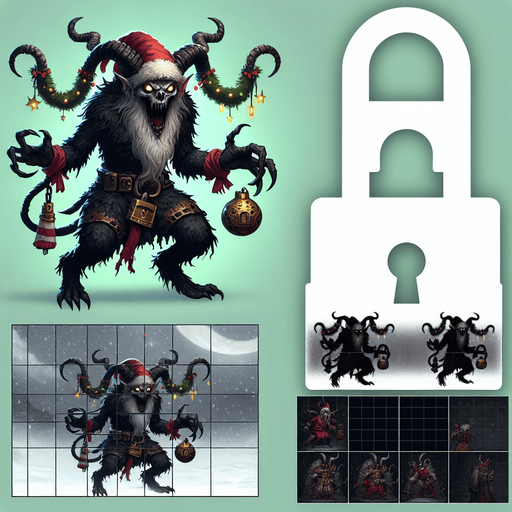 eerie christmas inspired krampus lock with a resident evil style.
Single Game Texture. In-Game asset. 2d. Blank background. High contrast. No shadows.