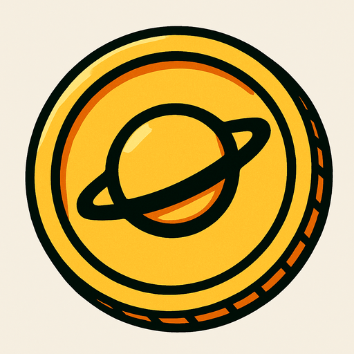 A coin having saturn logo.
In-Game asset.  2d.  High contrast.  No shadows