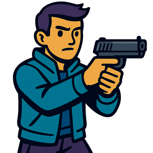 A guy with a gun.
In-Game asset.  2d.  High contrast.  No shadows