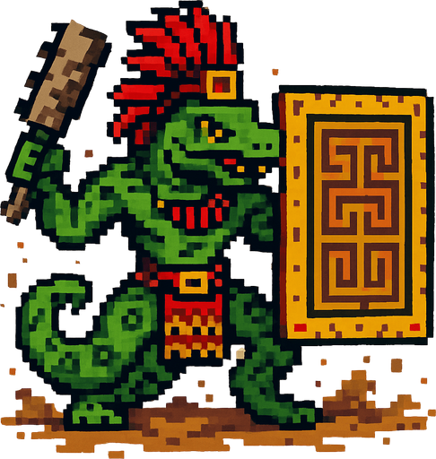 Generame un guerrero azteca con patrones, estilo pixelar, además será un animal Anaconda verde, con efectos de tierra, cargando un gran escudo o muro..
In-Game asset.  2d.  High contrast.  No shadows