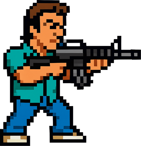 tommy vercetti de gta vice city hecho con pixeles apuntando con un rifle de asalto m4 con la perspcetiva lateral.
In-Game asset.  2d.  High contrast.  No shadows