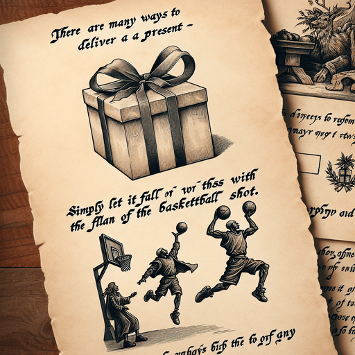 a pergament with a present throwed by someone into a basket at top, at the bottom there is the text: "There are many ways of how can throw a present. Let it just fall or throw it like a basketball."