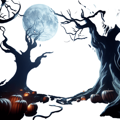 spooky halloween forest.
Single Game Texture. In-Game asset. 2d. Blank background. High contrast. No shadows.