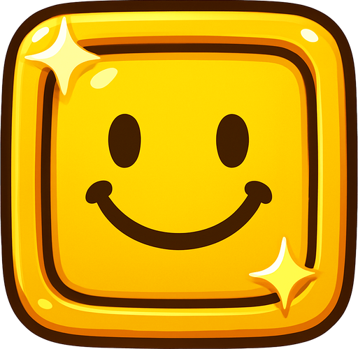 Can you draw a smiling face with rounded edges, square frame, yellow and shiny effect?.
In-Game asset.  2d.  High contrast.  No shadows