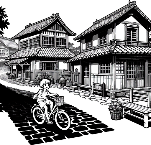 A village a boy run a cycle.
Single Game Texture. In-Game asset. 2d. Blank background. High contrast. No shadows.