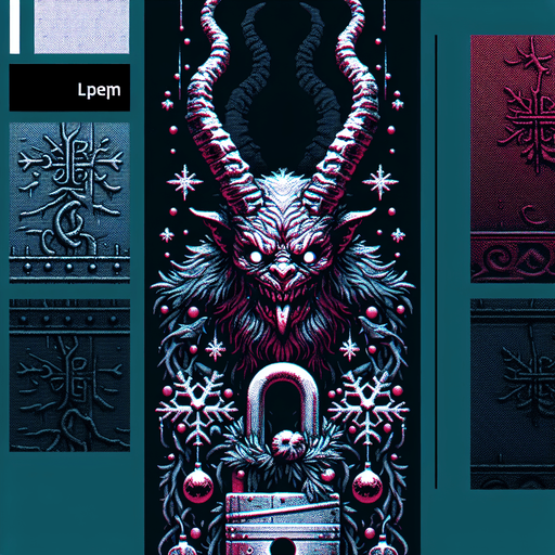 eerie christmas inspired krampus lock with a resident evil style.
Single Game Texture. In-Game asset. 2d. Blank background. High contrast. No shadows.