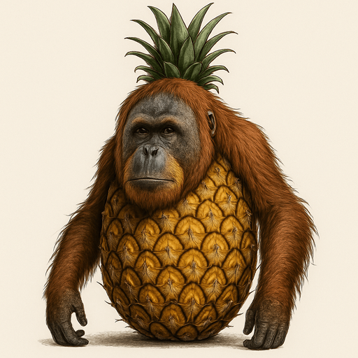 Haz a un orangután con cuerpo de piña, Ultra Realista.
In-Game asset.  2d.  High contrast.  No shadows. Ultra Realista