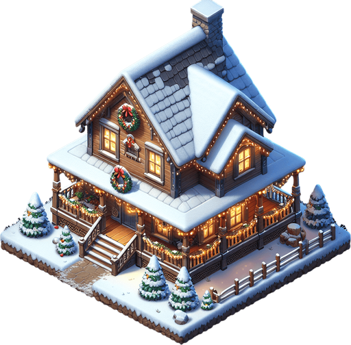 Topdown view of a very christmassy country house Single Game Texture. In-Game asset. 2d. Blank background. High contrast. No shadows.