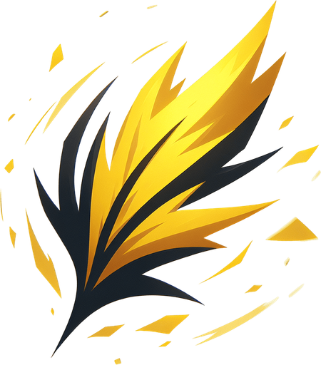 A sharp, angular gust of wind symbol in bright yellow, or a stylized yellow feather..
Single Game Texture.  In-Game asset.  2d.  Blank background.  High contrast.  No shadows
