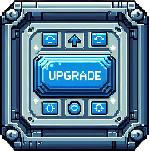Pixelart. A blue metallic rectangular interface button from a spaceship with the lettering 'UPGRADE' on it..
Single Game Texture. In-Game asset. 2d. Blank background. High contrast. No shadows.