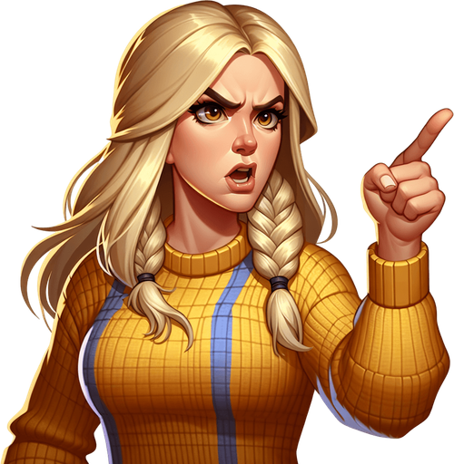karen a white blonde woman from the meme "karen" screaming and point her finger to the right.
Single Game Texture.  In-Game asset.  2d.  High contrast.  No shadows